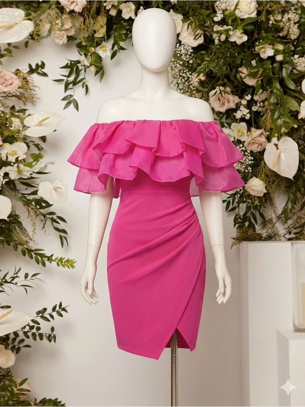 SHEIN Hot Pink One-Shoulder Ruffle Bodycon Dress